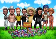 Group Outdoor Activities Full Body Caricature in Colored Style with Custom Background