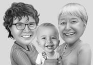 Tre generationers porträttpresent för födelsedag i svart och vit stil