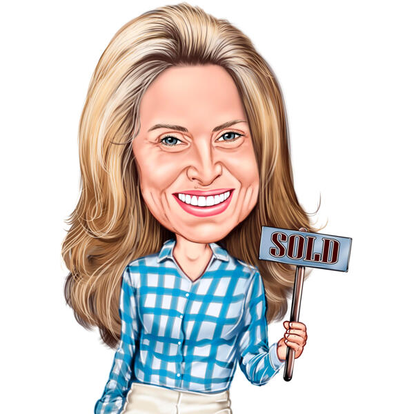Caricatura de agente imobiliário segurando placa de "vendido"