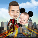 Benutzerdefinierte Superhelden-Vater mit Baby-Karikatur im Farbstil