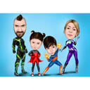 Caricature de super-héros familial avec fond coloré