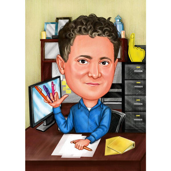 Obchodní manažer v kanceláři, karikatura