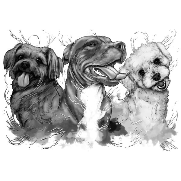 Portret cu trei câini în stil acuarelă monocrom în tonuri de gri din fotografii