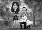 Personalisierte Verlobungsvorschlag-Karikatur im Schwarz-Weiß-Stil von Foto