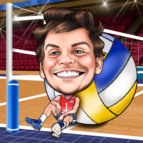 Übertriebene Volleyball-Karikatur neben riesigem Ball