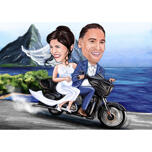 Caricatura de novios en motocicleta