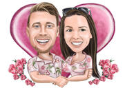 Regalo de caricatura de pareja con adornos florales sobre fondo de color