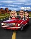 Trīs cilvēku ģimene automašīnā — krāsaina karikatūra no fotogrāfijām