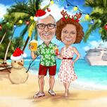 Caricatura de pareja en una playa tropical