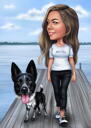 Ägare med hund - Helkropps karikatyr i färgstil från foton