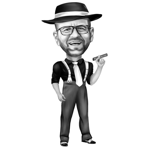 Карикатура человека в полный рост в стиле Гэтсби в черно-белом стиле