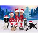 Christmas Santa Family with Pets Caricature