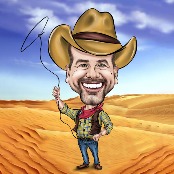 Cowboy autiomaassa Karikatyyri valokuvasta värillisessä tyylissä