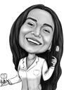 Tandläkare karikatyrpresent i svartvit stil med bakgrund från foton