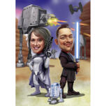 Dessin animé de couple de fans de Star Wars avec R2-D2