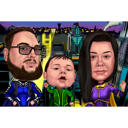 Цветная карикатура семьи супергероев на фоне Нью-Йорка по фотографиям