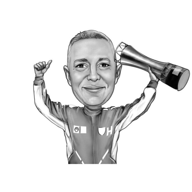 Карикатура на человека с трофеем в черно-белом стиле по фотографиям