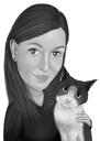 Cadou de caricatură de desene animate bărbat cu pisică în stil alb-negru din fotografie