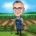 Gärtnermann mit Gartengeräten Karikaturzeichnung von Fotos