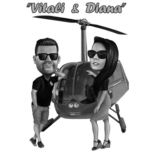 Pár s helikoptérou karikaturní kresbou v černobílém stylu