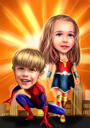 Zwei Kinder-Superhelden-Karikaturzeichnung