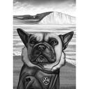 Koiran sarjakuva muotokuva mustavalkoisena tyylillä mukautetulla taustalla valokuvista