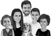 Svartvitt familjeporträtt med labrador