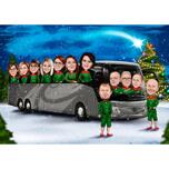 Uzņēmuma darbinieki jebkurā transportlīdzeklī — korporatīvā Ziemassvētku karikatūra, kas ar roku zīmēta no fotoattēliem