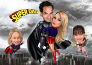 Supersankariperhe lasten kanssa Karikatyyri kaupungin taustalla