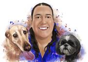 Retrato Memorial do Proprietário com Animais de Estimação em Estilo Aquarela