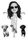 Black and White Owner with Pets Caricature from Photos