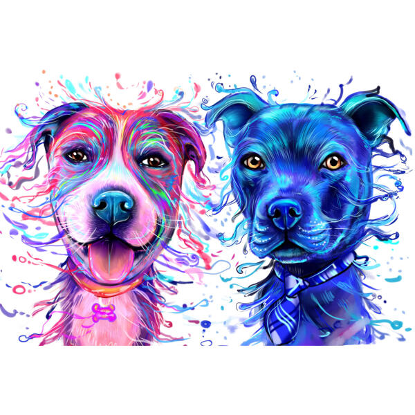 Portret cu caricatură de cuplu de câini în stil acuarelă strălucitoare din fotografii