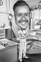 Tandläkare karikatyrpresent i svartvit stil med bakgrund från foton