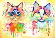 Couple of Cats Caricature Portrait in Watercolor Style with One Color Background