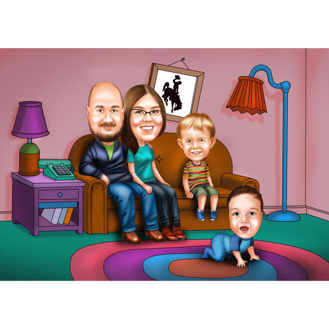 Caricatura de dibujos animados coloreada de familia en casa en todo el  cuerpo a partir de fotos