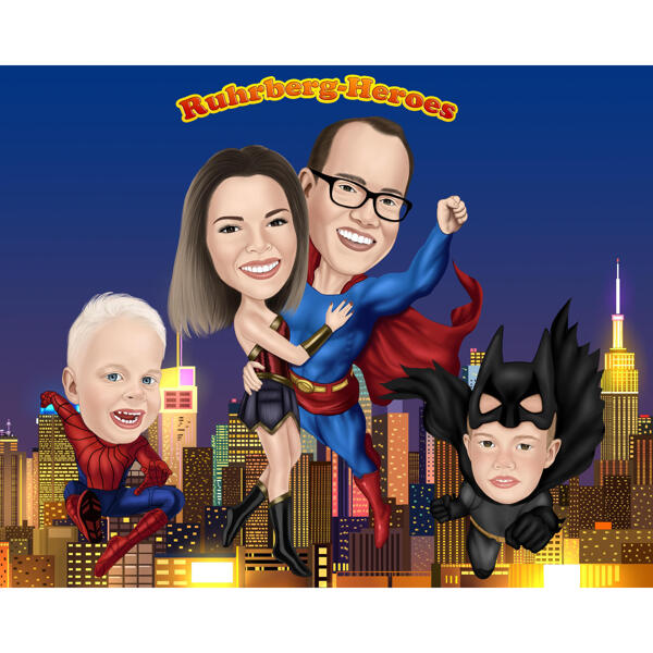 Super Heroes Family with Kids Karikatuur met stadsachtergrond