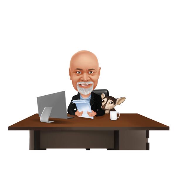 Osoba s mazlíčkem v kanceláři - barevná karikatura z fotografií