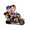 Casal com caricatura de cachorro andando de motocicleta