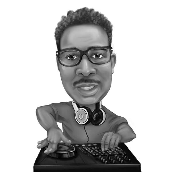 Vlastní hudební DJ karikatura kreslení v černém a bílém stylu z fotografie
