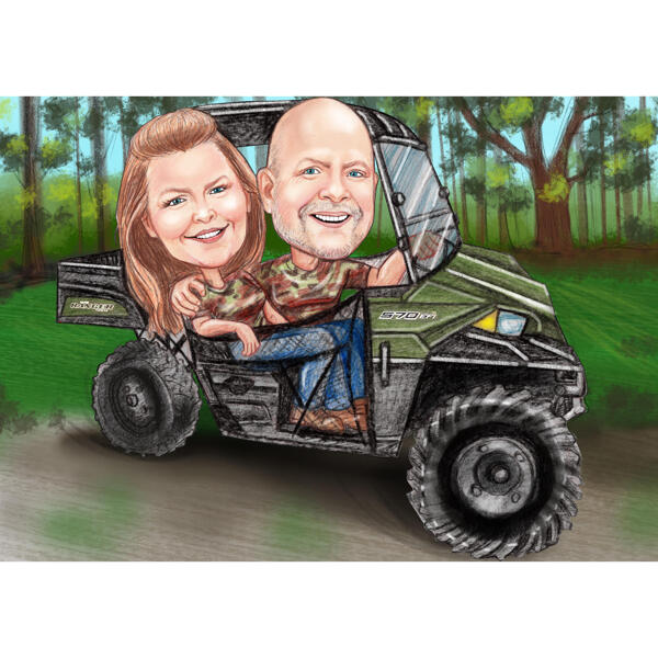 زوجين كاريكاتير في سيارة فائدة رياضية مع خلفية مخصصة