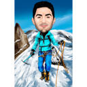 Карикатура альпиниста в цветном стиле на зимнем фоне