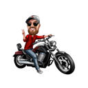 Motorcykelrytter tegneseriekarikatur i farvet stil fra foto
