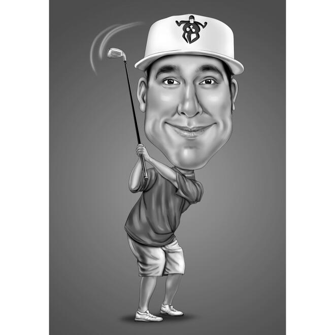 Divertida caricatura de golf exagerada en estilo blanco y negro con fondo