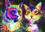 Pár koček karikaturní portrét ve stylu akvarelu s jednou barvou pozadí