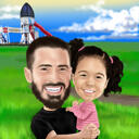 Isa ja tütre pea ja õlad värvilises stiilis karikatuur fotodelt