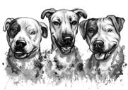 Tre hundporträtt i svartvit gråskala akvarellstil från foton