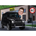 Caricature d'une personne dans une Mercedes comme cadeau personnalisé