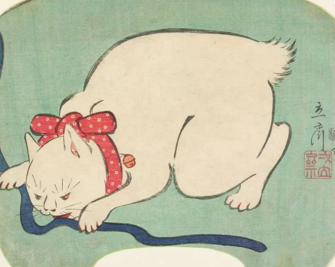 10. "Een witte kat die met een touwtje speelt" door Utagawa Hiroshige II (1863)-0