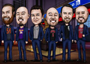 Dibujo de caricatura de padrinos de boda con fondo de puente