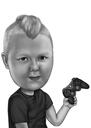 Caricature d'un enfant avec son jouet préféré : style noir et blanc